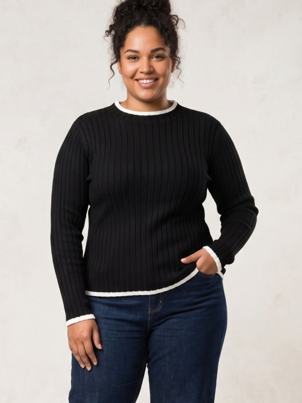 NWT | Black Ribbed Knit Mock Neck Long Sleeve Sweater Top White Trim | XLarge